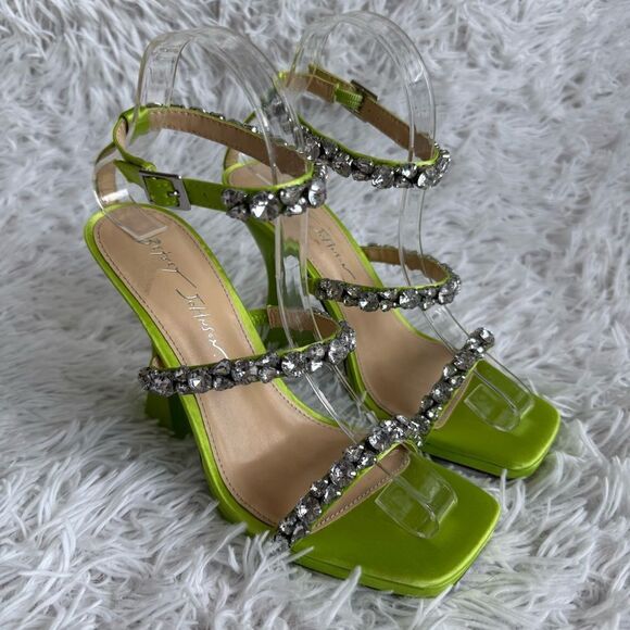 Betsey Johnson Perry Glam Rhinestone Strappy Sandals in Green Satin Size 7 - Picture 1 of 10